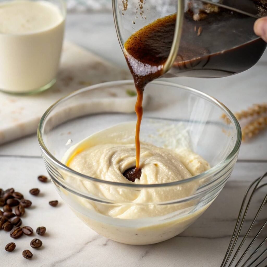 Pouring espresso into cream cheese batter for Espresso Coffee Cheesecake - step 5 with swirling espresso and creamy texture in motion.