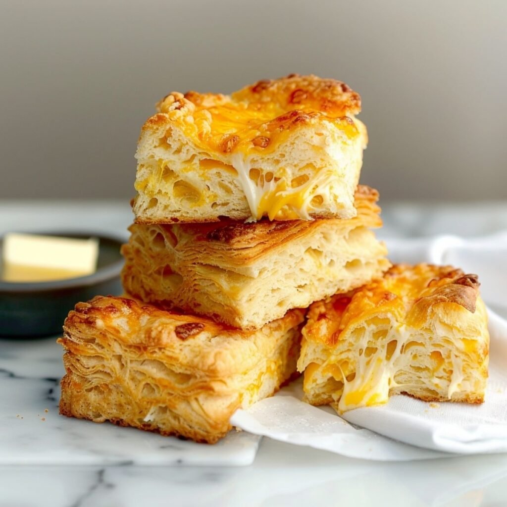 Close-up of Floriditas Cheese Scones showing flaky interior and golden cheddar crust, garnished with rocket on a marble surface.