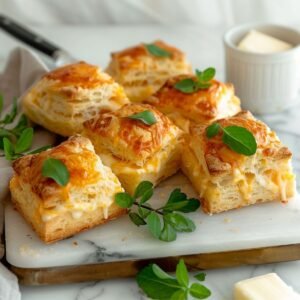 Floriditas Cheese Scones on a modern marble countertop, showcasing their golden crust and melted cheddar spots with fresh rocket leaves.