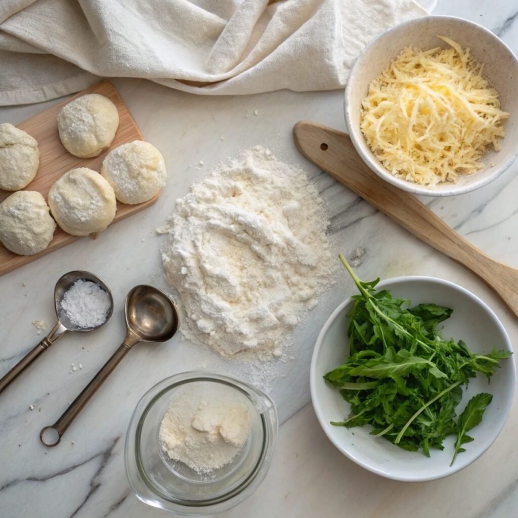 Fresh ingredients for Floriditas Cheese Scones including mature cheddar, rocket, and butter arranged on a modern marble surface.
