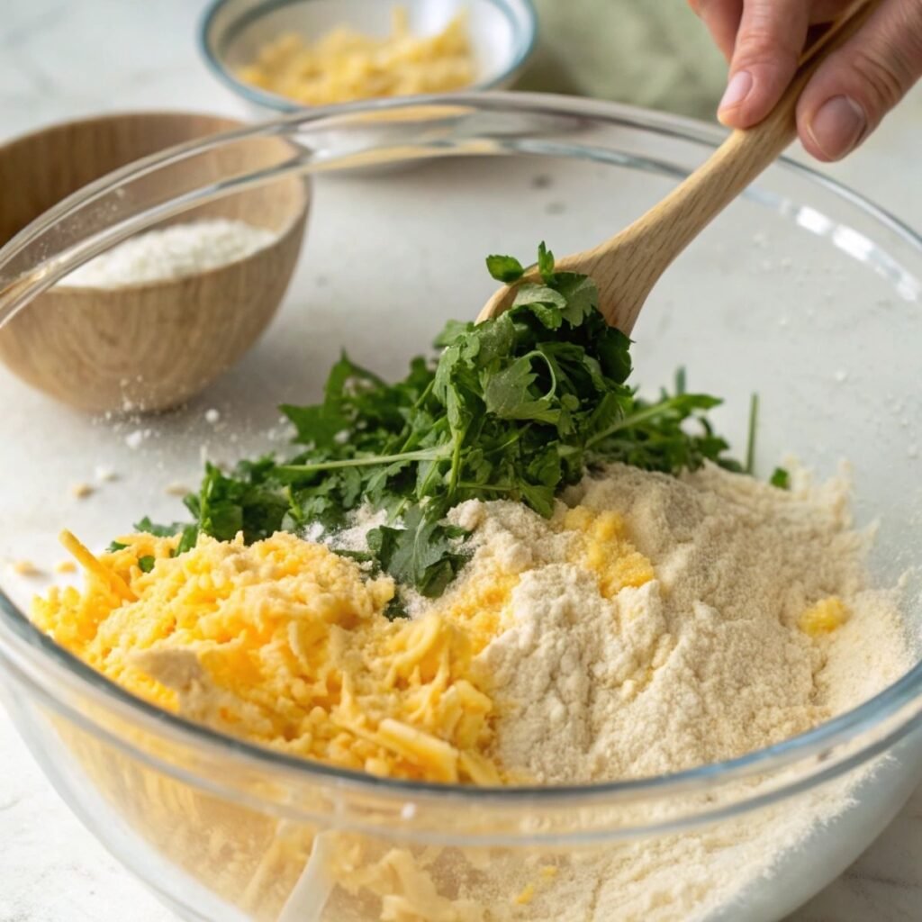 Adding cheddar and chopped rocket into flour mix for Floriditas Cheese Scones - step 5 showing vibrant greens and shredded cheese.