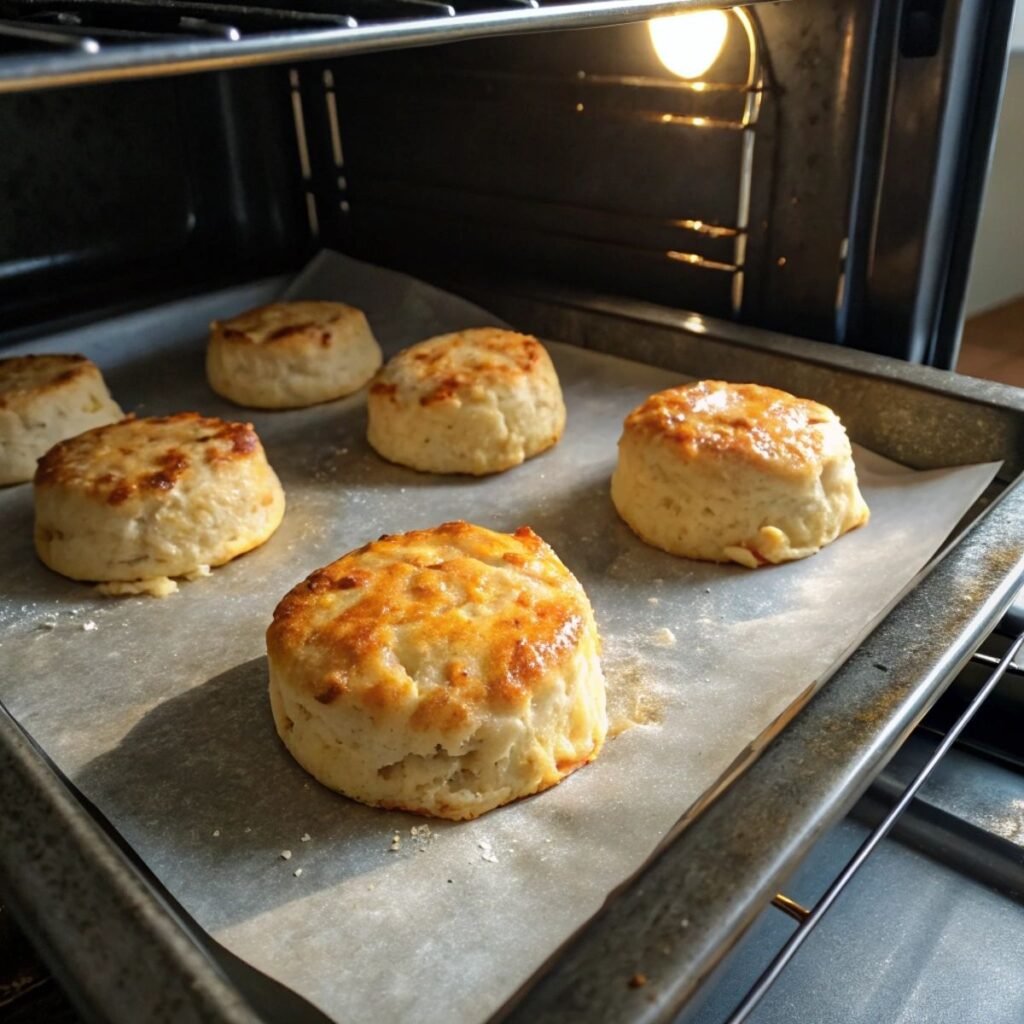 Floriditas Cheese Scones baking in oven - step 9 showing golden crust and bubbling cheddar.