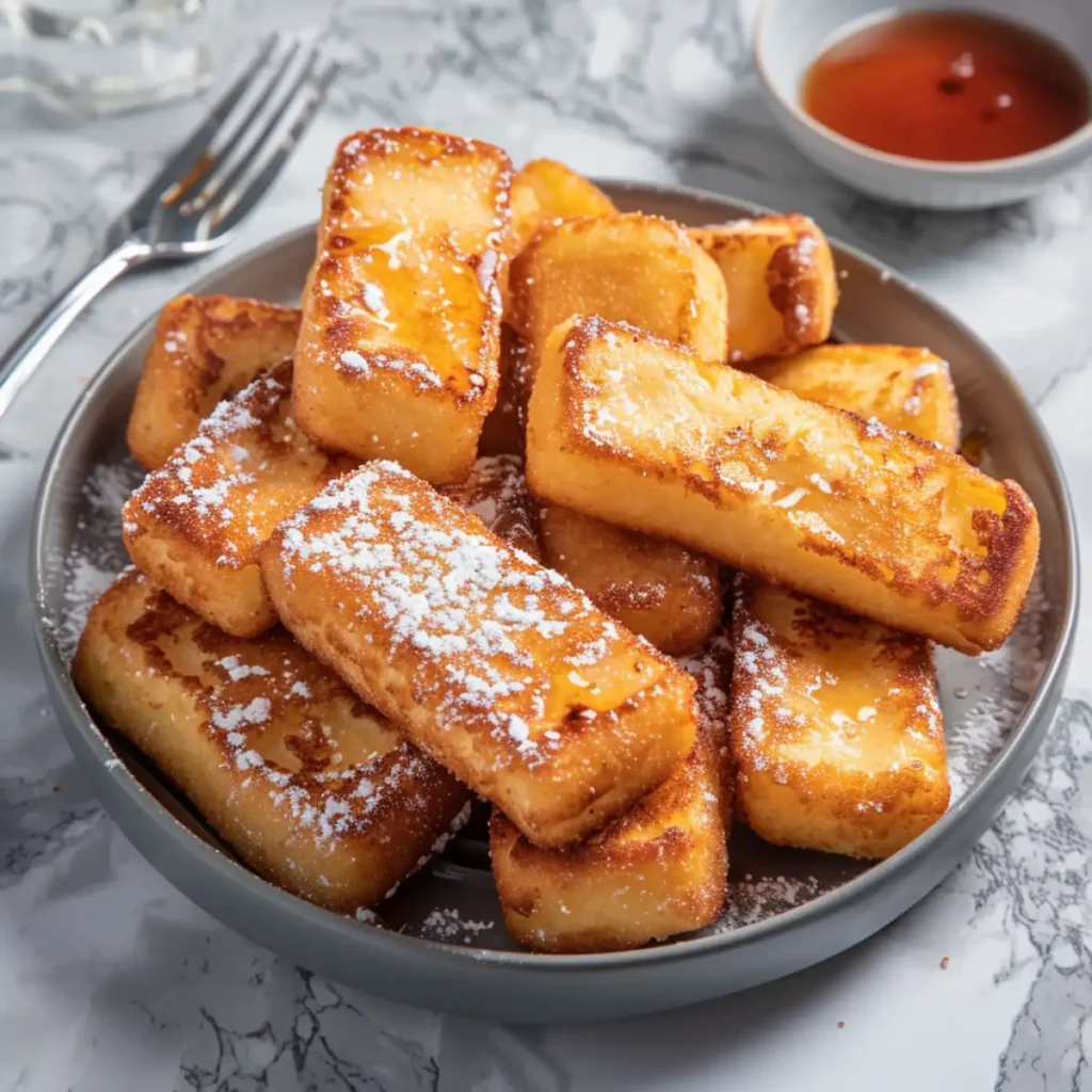Frozen French toast sticks in air fryer on a modern marble countertop, showcasing their golden crispy exterior with fluffy centers and maple syrup.
