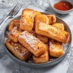Frozen French toast sticks in air fryer on a modern marble countertop, showcasing their golden crispy exterior with fluffy centers and maple syrup.