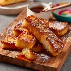 Close-up of golden-brown frozen French toast sticks from the air fryer showing crispy exterior and fluffy interior with maple syrup on a wooden board