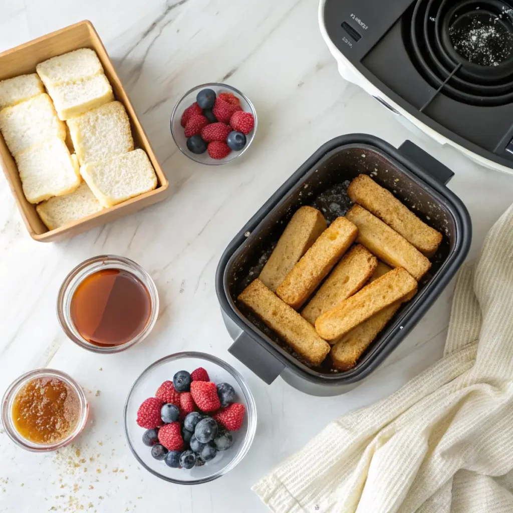 Simple ingredients for frozen French toast sticks in air fryer including boxed sticks, maple syrup, and fresh berries arranged on a modern kitchen counter.