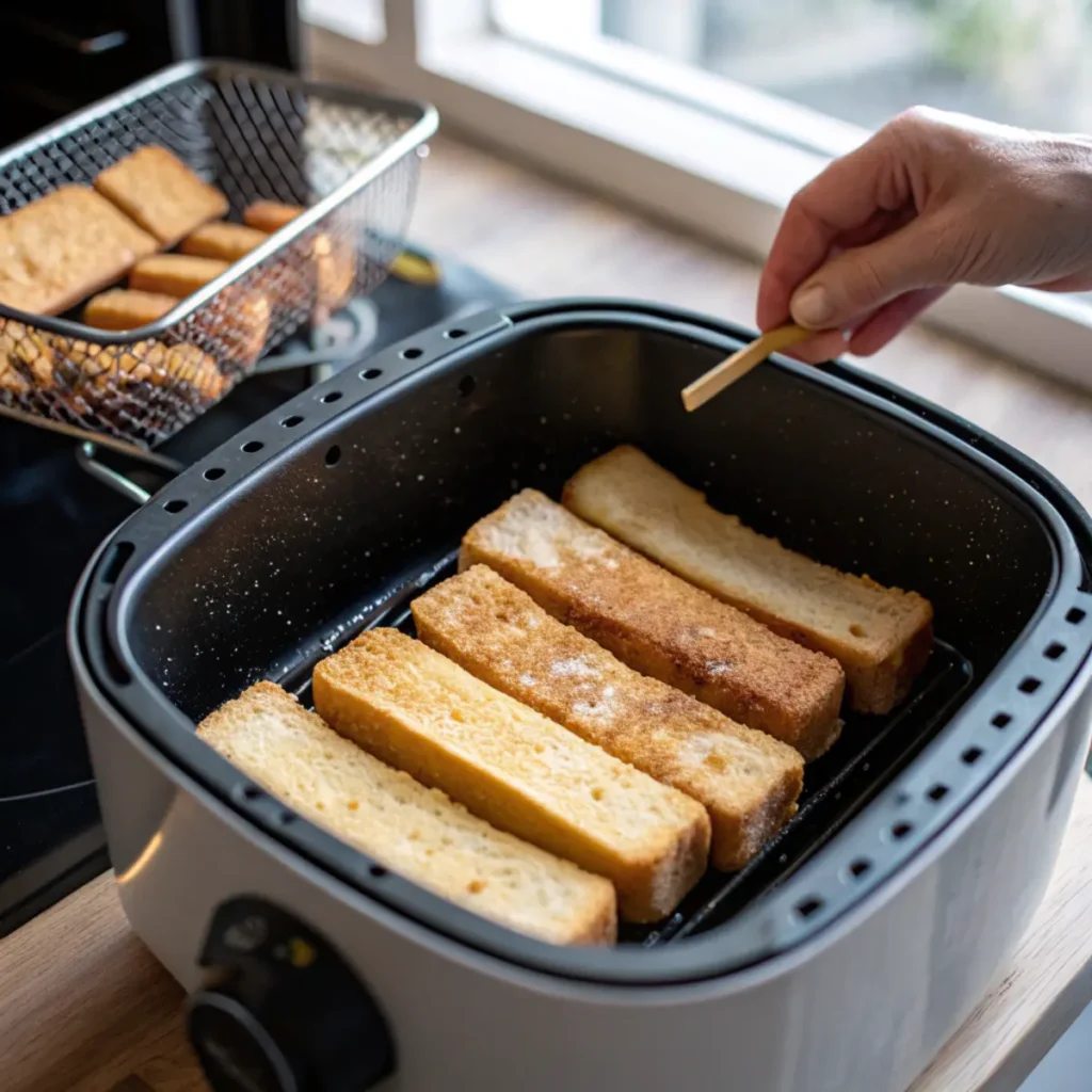 Arranging frozen French toast sticks in air fryer basket - step 2 showing single layer placement with space between each stick.
