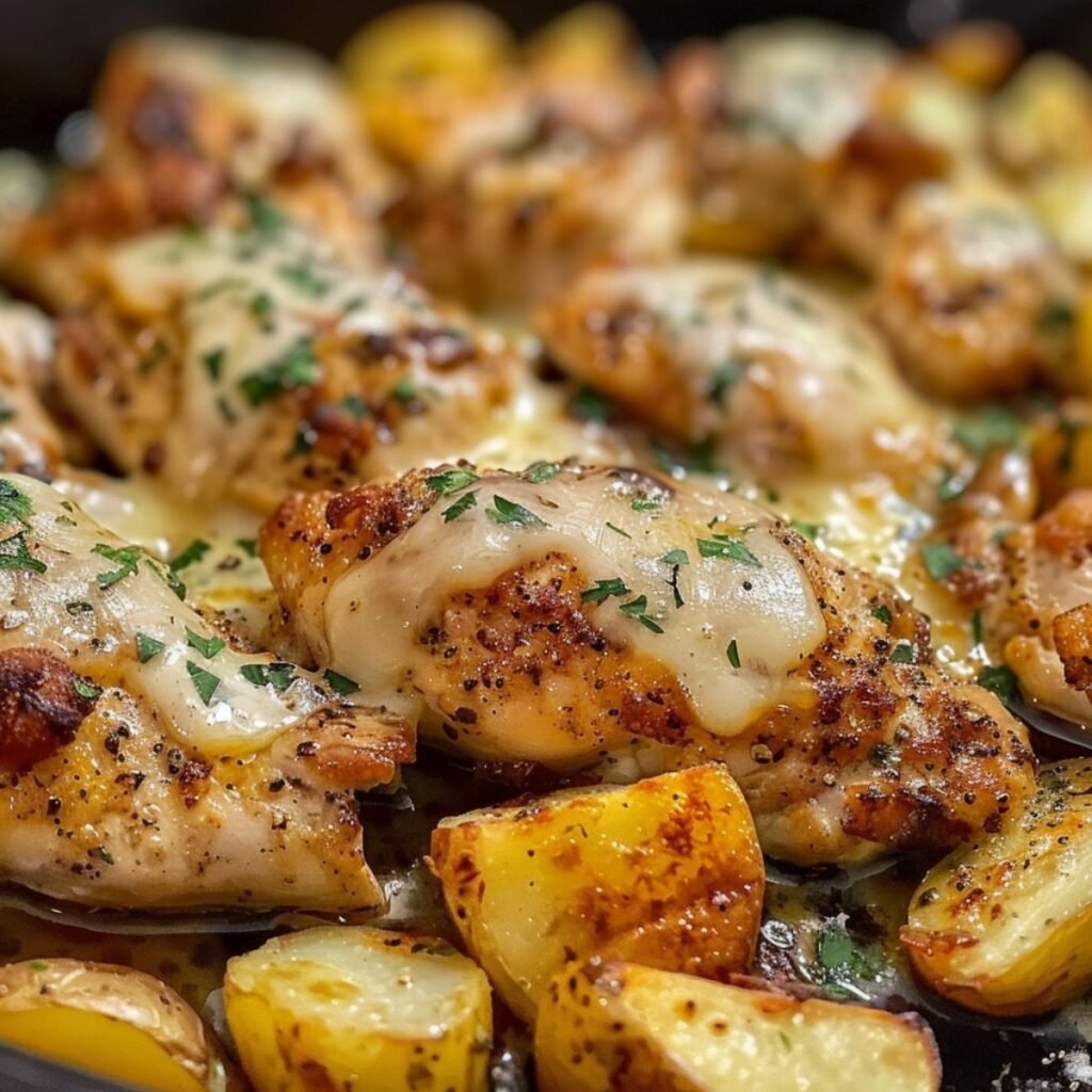 Garlic Parmesan Chicken and Potatoes on a modern marble countertop, showcasing its crispy golden crust with roasted potatoes and fresh parsley.