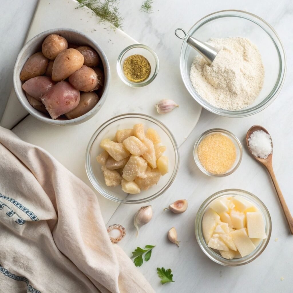 Fresh ingredients for Garlic Parmesan Chicken and Potatoes including chicken breasts, parmesan cheese, garlic and golden potatoes arranged on a modern marble surface.