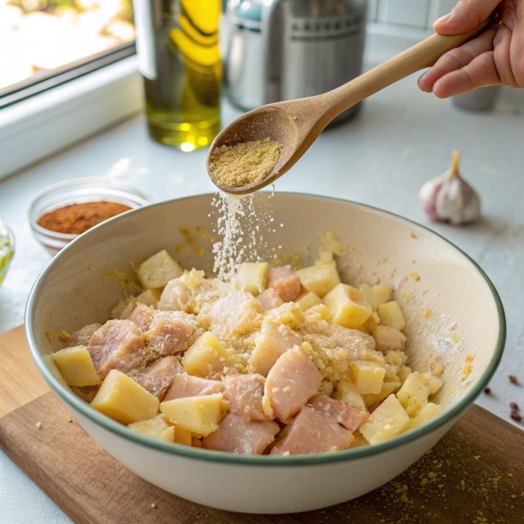Searing seasoned chicken for Garlic Parmesan Chicken and Potatoes - step 2 with golden edges forming in cast iron skillet.