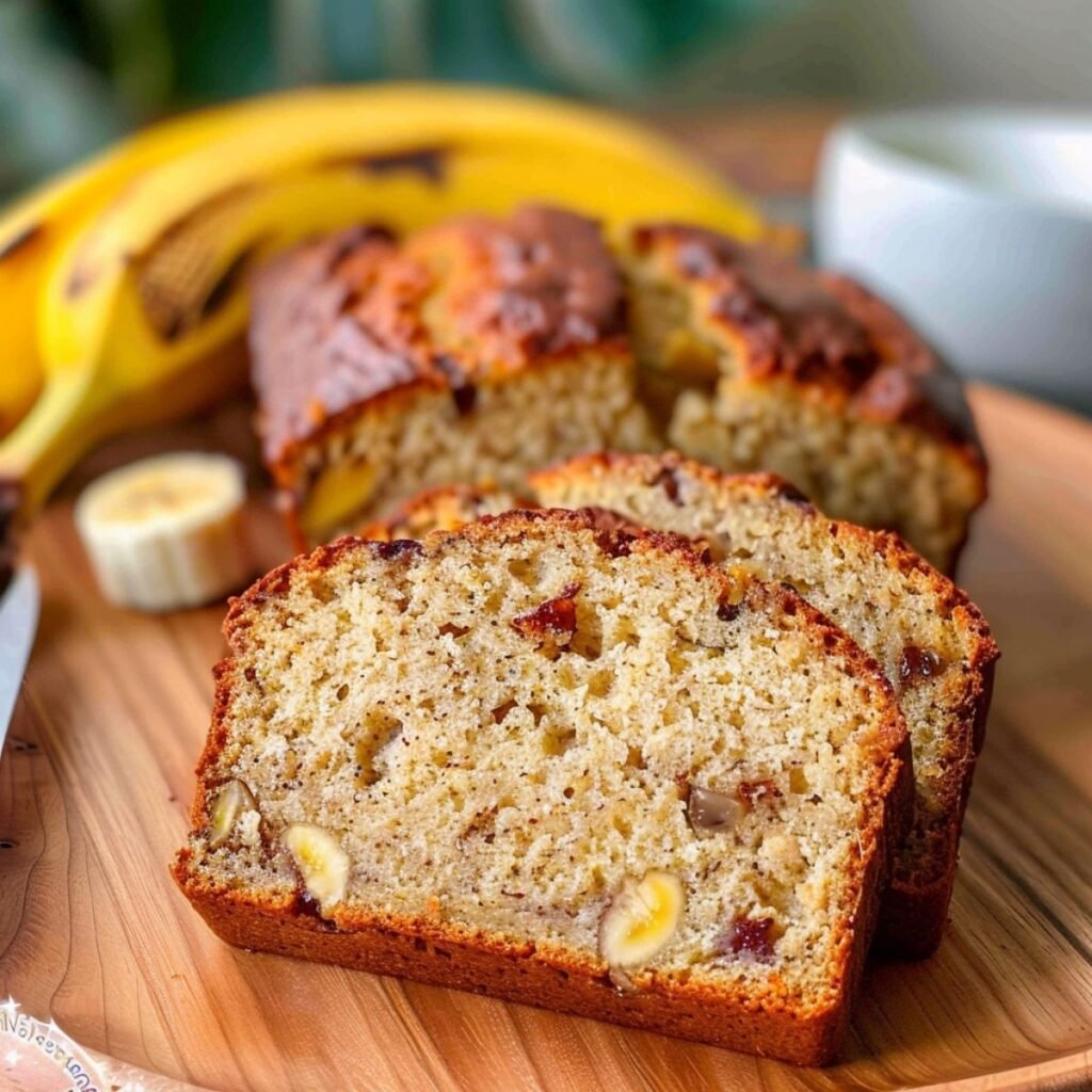 Grandma’s Banana Bread on a modern marble countertop, showcasing its golden crust and moist texture with chopped walnuts and a butter dish.