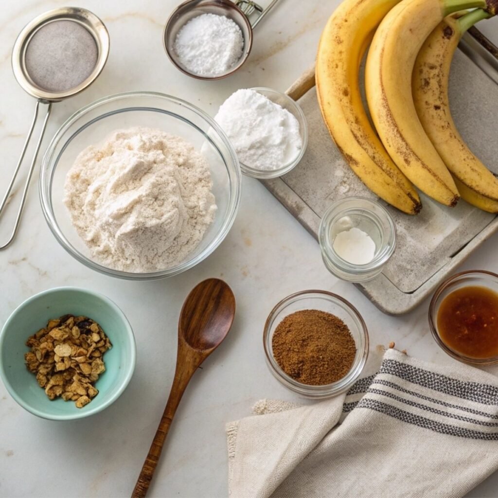 Fresh ingredients for Grandma’s Banana Bread including ripe bananas, cinnamon, brown sugar, and flour arranged on a modern marble surface.