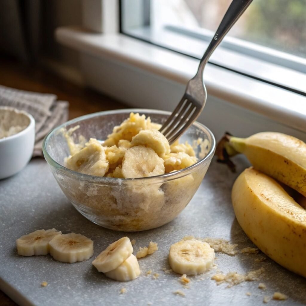 Mashing ripe bananas for Grandma’s Banana Bread - step 1 showing soft banana texture in ceramic bowl.