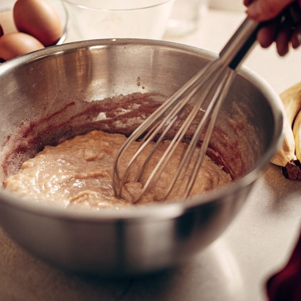 Mixing wet ingredients for Grandma’s Banana Bread - step 2 with mashed banana mixture and vanilla in motion.