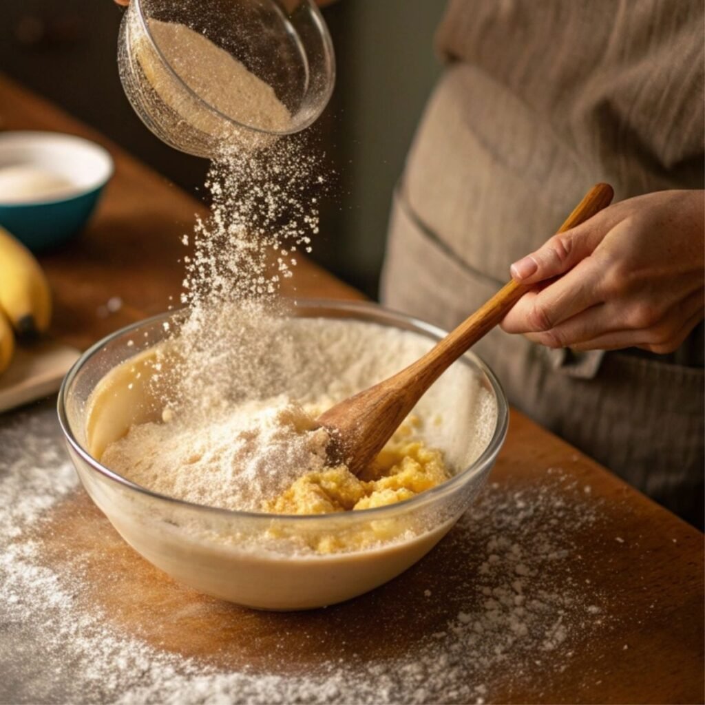 Folding dry ingredients into banana mixture for Grandma’s Banana Bread - step 3 with flour and cinnamon visible.