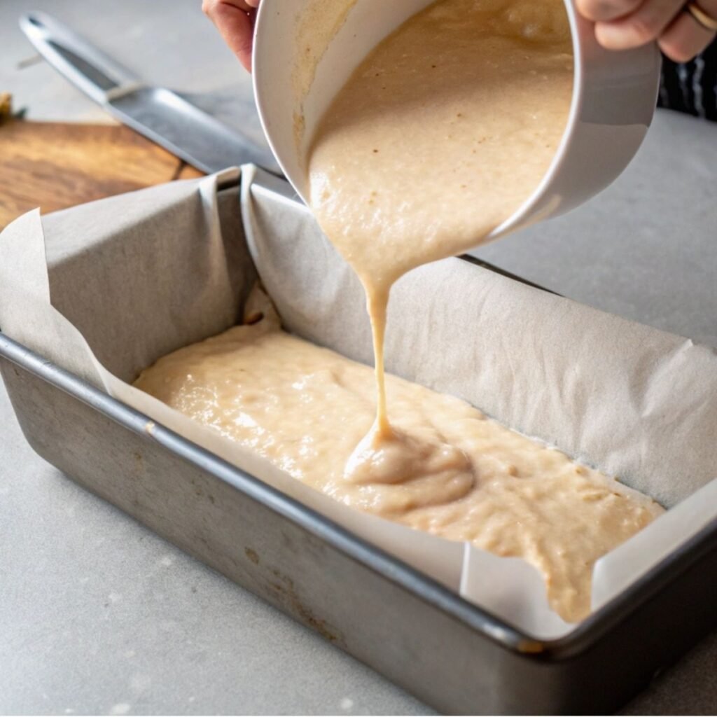 Pouring batter into pan for Grandma’s Banana Bread - step 4 showing parchment-lined loaf pan and creamy batter.