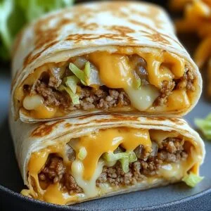 Close-up of Homemade Big Mac Wraps showing golden crisped tortilla and melted cheese with lettuce, on a marble surface.