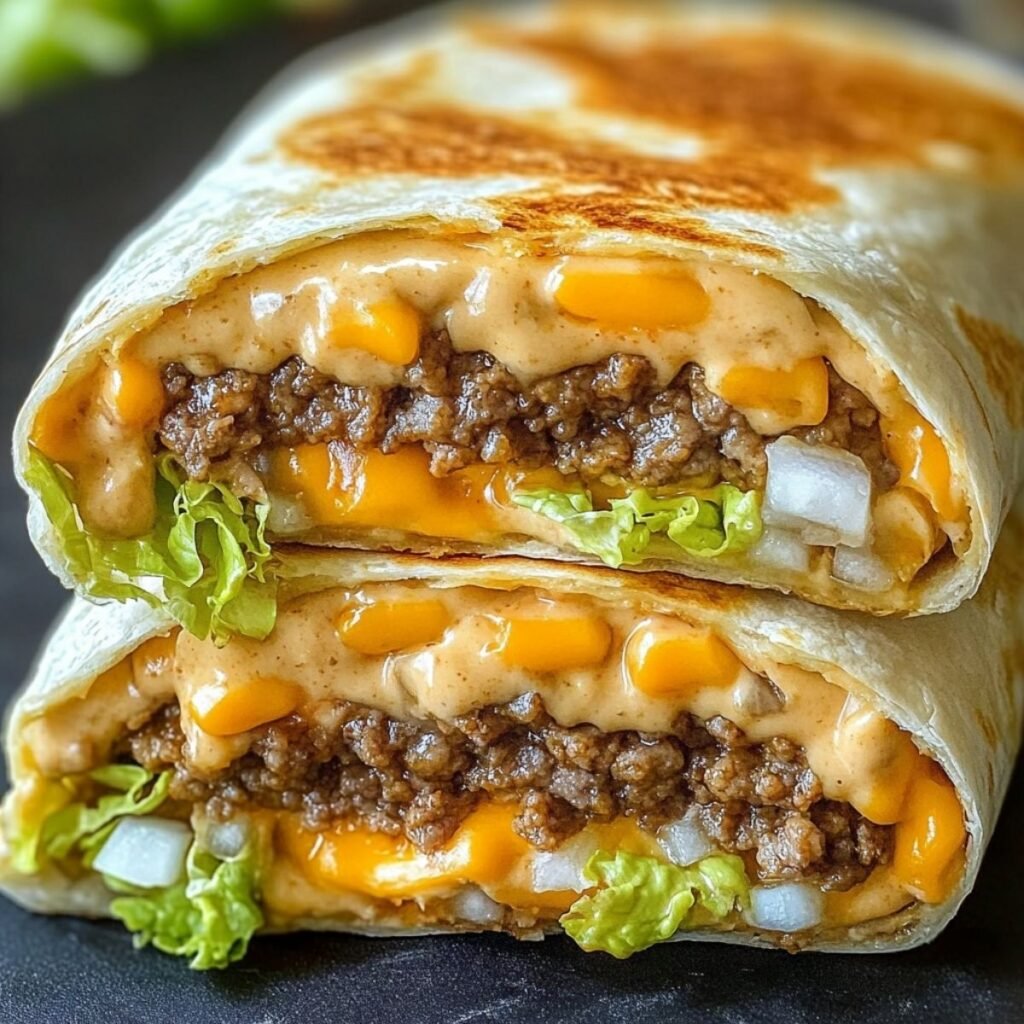 Homemade Big Mac Wraps on a marble countertop, showcasing golden tortillas with juicy beef and shredded lettuce.