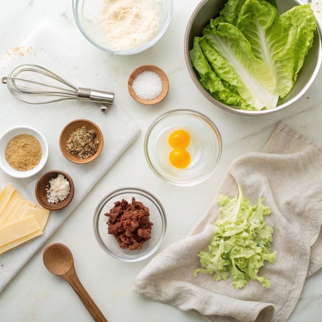 Fresh ingredients for Homemade Big Mac Wraps including ground beef, cheddar cheese, shredded lettuce, and pickles arranged on marble.