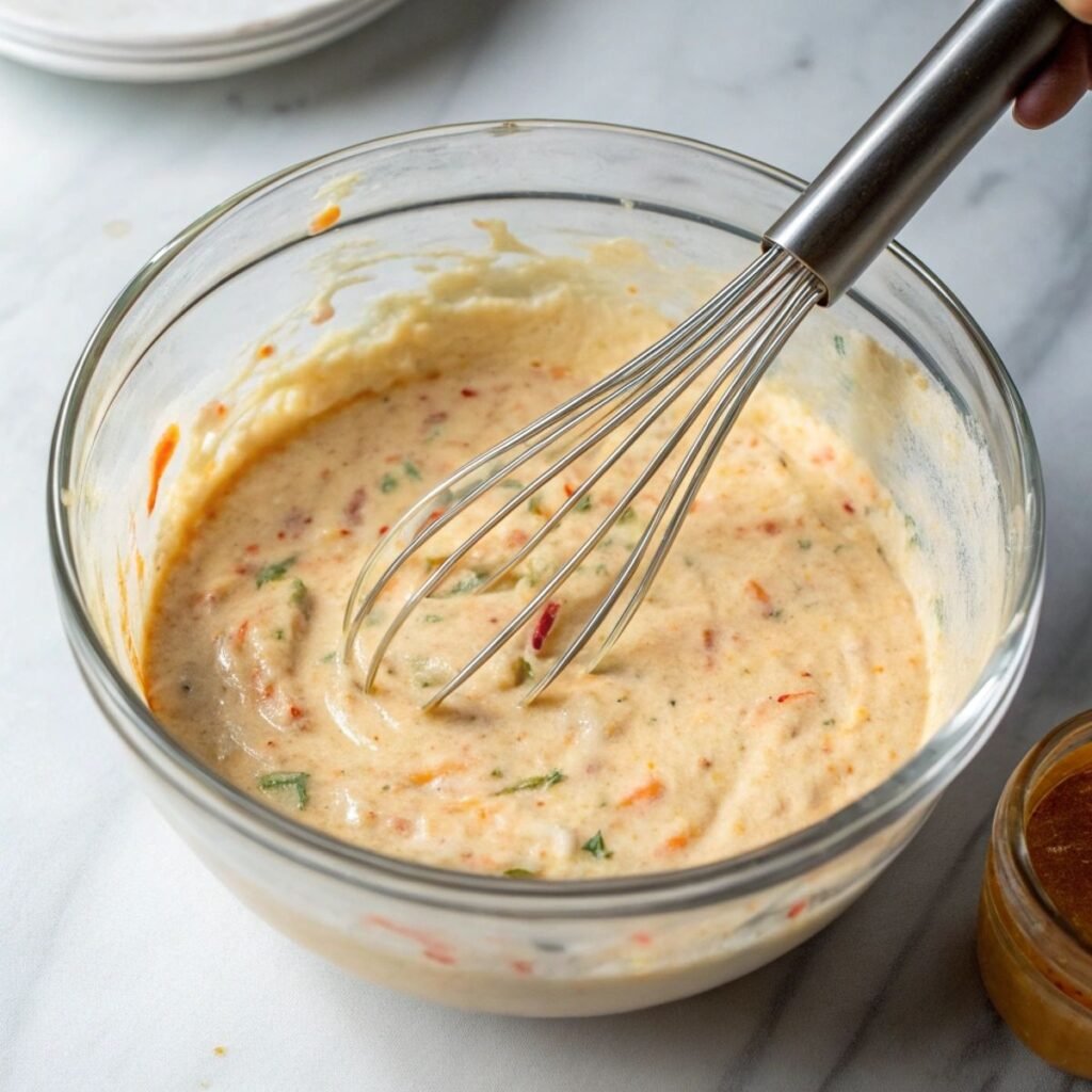 Whisking Big Mac sauce for Homemade Big Mac Wraps - step 1 showing creamy consistency with visible seasonings.