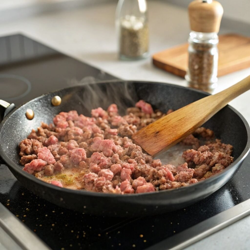 Filling tortilla with beef and toppings for Homemade Big Mac Wraps - step 5 showing layers of ingredients before rolling.