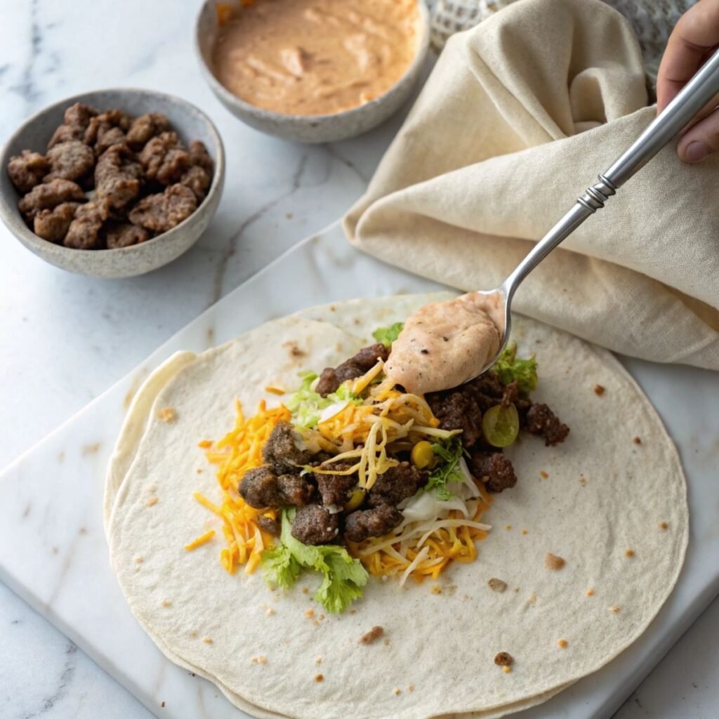 Toasting the tortilla seam-side down for Big Mac Wraps - step 9 showing golden crisp finish.