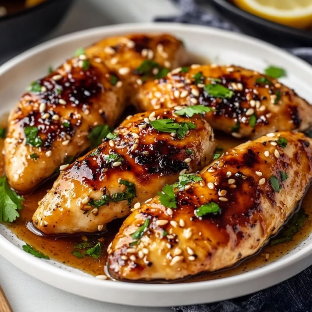 Close-up of honey garlic chicken breast showing caramelized glaze and golden brown texture, garnished with parsley on a white ceramic plate.