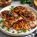 Honey garlic chicken breast on a modern marble countertop, showcasing its sticky caramelized glaze with fresh garlic and parsley.
