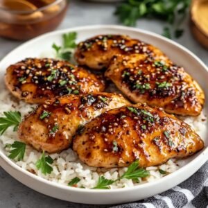 Honey garlic chicken breast on a modern marble countertop, showcasing its sticky caramelized glaze with fresh garlic and parsley.