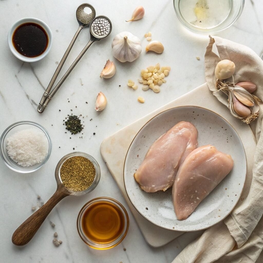 Fresh ingredients for honey garlic chicken breast including raw chicken, garlic cloves, soy sauce, and honey arranged on a modern marble surface.