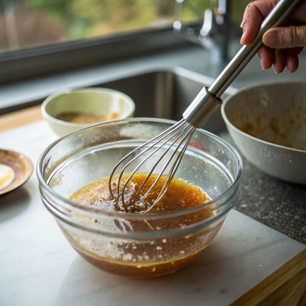Whisking honey, garlic, soy sauce, and oil for honey garlic chicken breast - step 2 showing golden glaze forming in glass bowl.