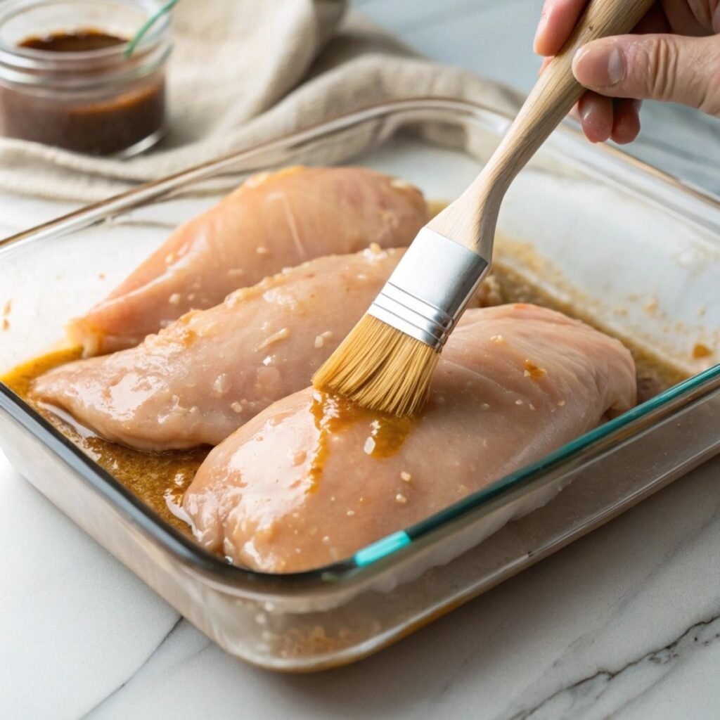 Brushing glaze onto raw chicken breasts for honey garlic recipe - step 4 showing thick golden sauce coating surface.