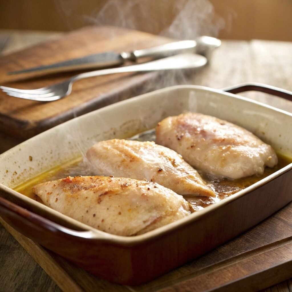 Resting baked honey garlic chicken breasts in baking dish - step 7 showing golden glaze and light steam rising.