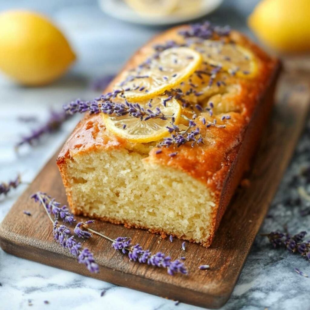 Close-up of Lemon Lavender Loaf showing its moist crumb texture and golden glaze, topped with lemon slices and dried lavender buds.