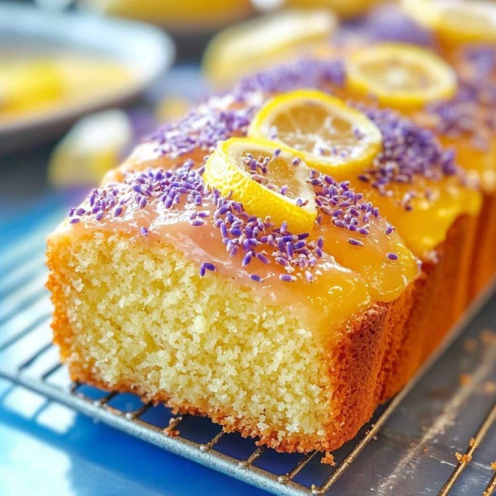 Lemon Lavender Loaf on a cooling rack, topped with glossy lemon glaze, sliced lemon, and dried lavender sprinkles, showing crumb texture.