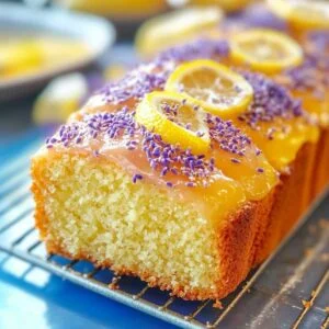 Lemon Lavender Loaf on a cooling rack, topped with glossy lemon glaze, sliced lemon, and dried lavender sprinkles, showing crumb texture.