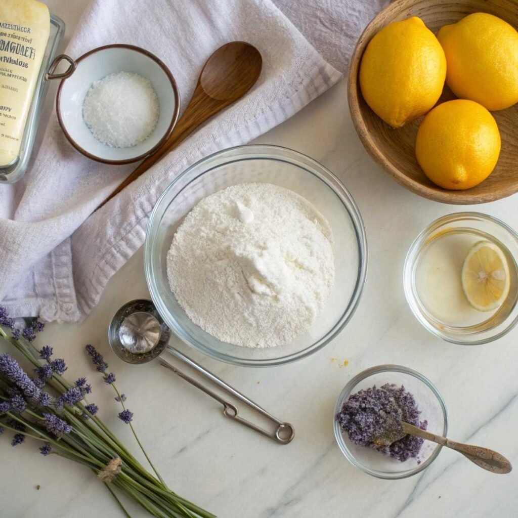 Fresh ingredients for Old Fashioned Lemon Lavender Loaf including lemons, culinary lavender, flour, and eggs arranged on a modern marble surface.
