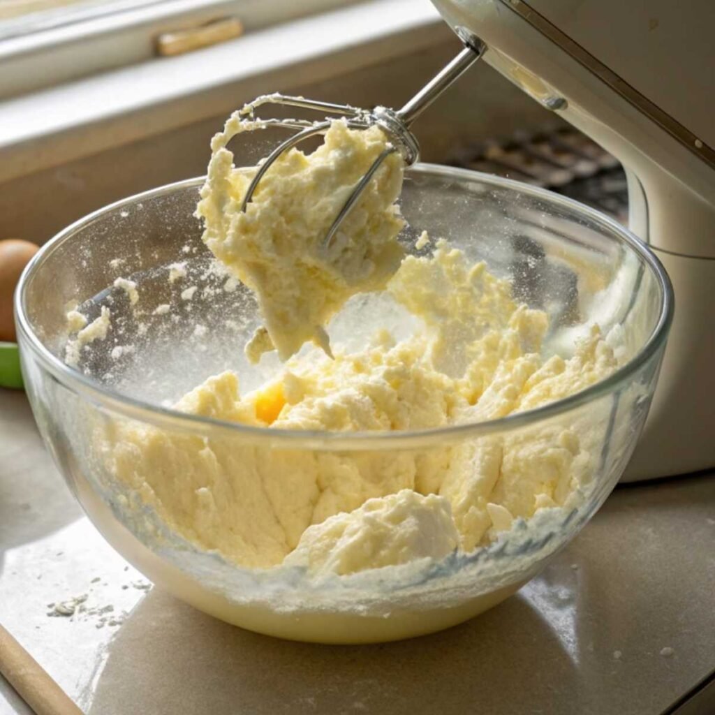 Creaming butter and sugar for Old Fashioned Lemon Lavender Loaf - step 1 showing pale, fluffy mixture in glass bowl with spoon.