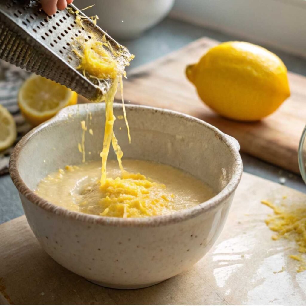Adding fresh lemon zest and juice to batter for Lemon Lavender Loaf - step 2 showing vibrant citrus color and smooth mixture.