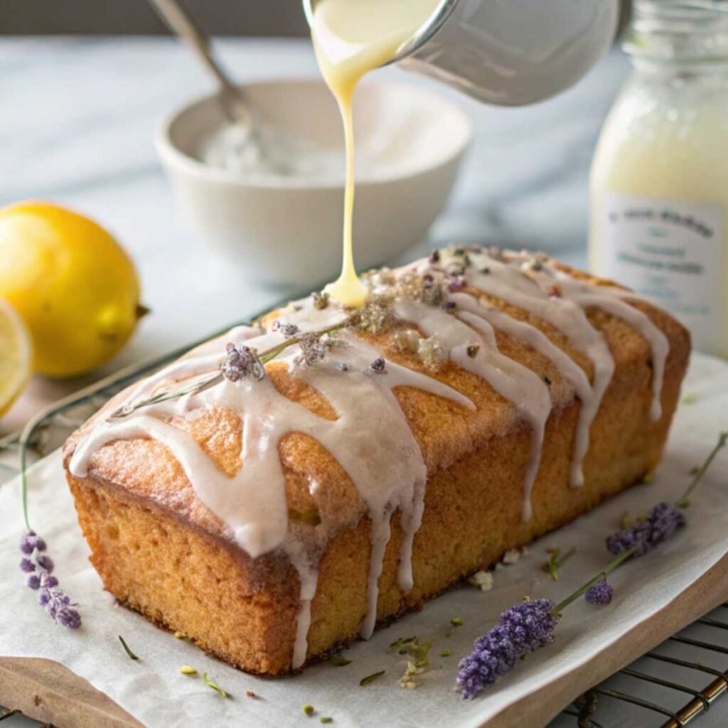 Drizzling lemon glaze over cooled Lemon Lavender Loaf - step 3 showing glossy topping with natural drips and citrus zest detail.