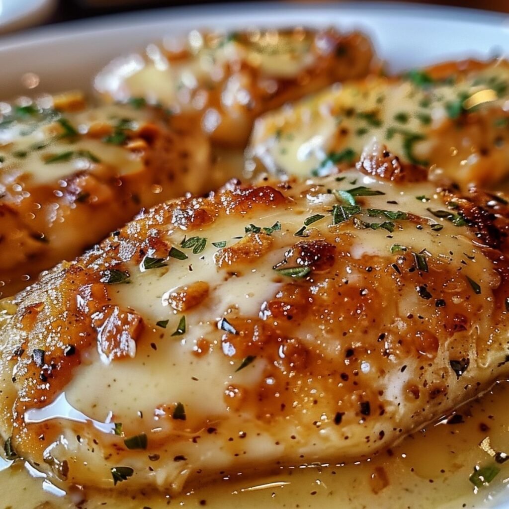 Close-up of Longhorn Steakhouse Parmesan Chicken showing melted provolone and golden crust, garnished with parsley on a wooden surface.