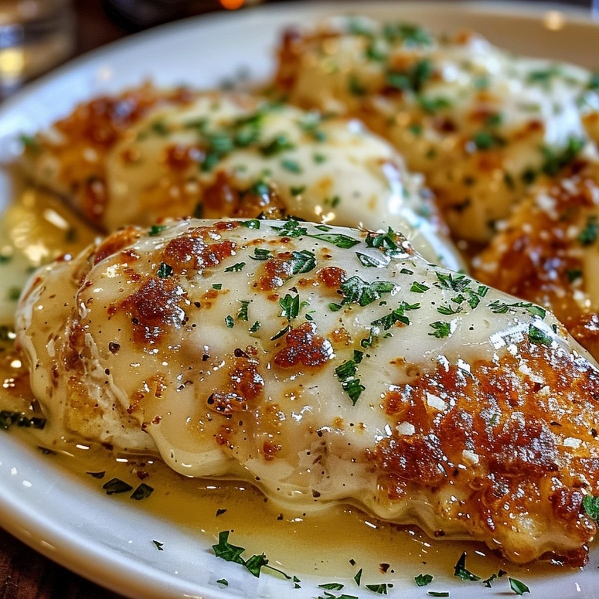 Longhorn Steakhouse Parmesan Chicken on a marble countertop, showcasing its golden crispy crust with melted cheese and chopped parsley.