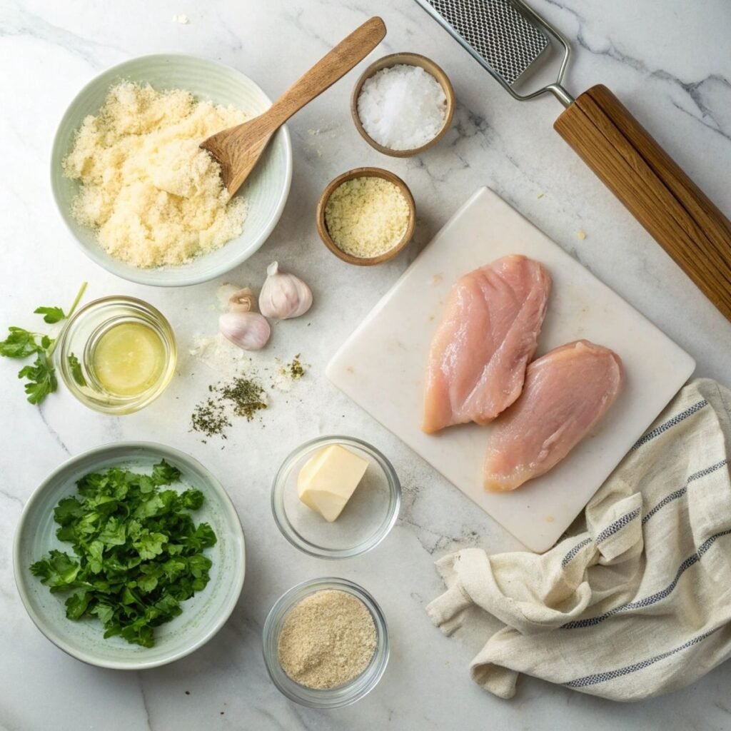 Fresh ingredients for Longhorn Steakhouse Parmesan Chicken including chicken breasts, parmesan, panko, ranch dressing arranged on marble.