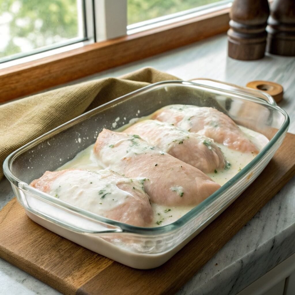 Marinating chicken for Longhorn Parmesan Chicken - step 1 with ranch dressing coating raw chicken in glass dish.
