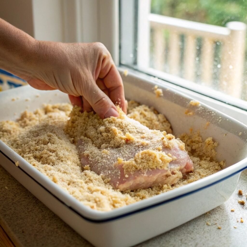 Mixing breadcrumb parmesan coating for Longhorn Parmesan Chicken - step 2 showing motion and texture.