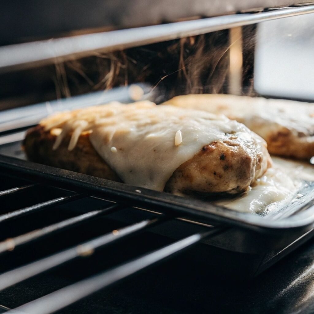 Baking parmesan-crusted chicken in oven for Longhorn Chicken - step 4 showing golden bubbling coating.