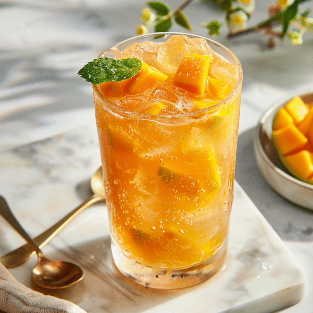 Close-up of Mango Iced Tea showing golden mango texture and vibrant tea color, garnished with mint on a marble surface.