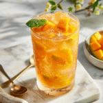 Close-up of Mango Iced Tea showing golden mango texture and vibrant tea color, garnished with mint on a marble surface.