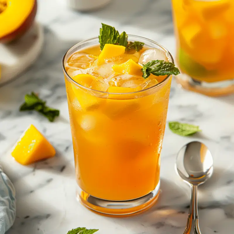 Mango Iced Tea on a modern marble countertop, showcasing its vibrant golden-orange hue with visible mango bits and fresh mint leaves.