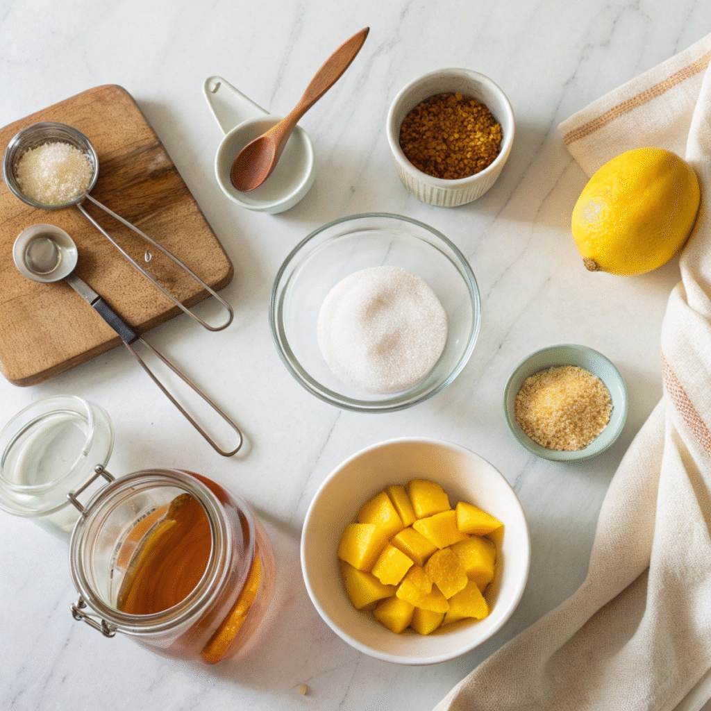 Fresh ingredients for Mango Iced Tea including ripe mangoes, black tea bags, and lemon juice arranged on a modern marble surface.